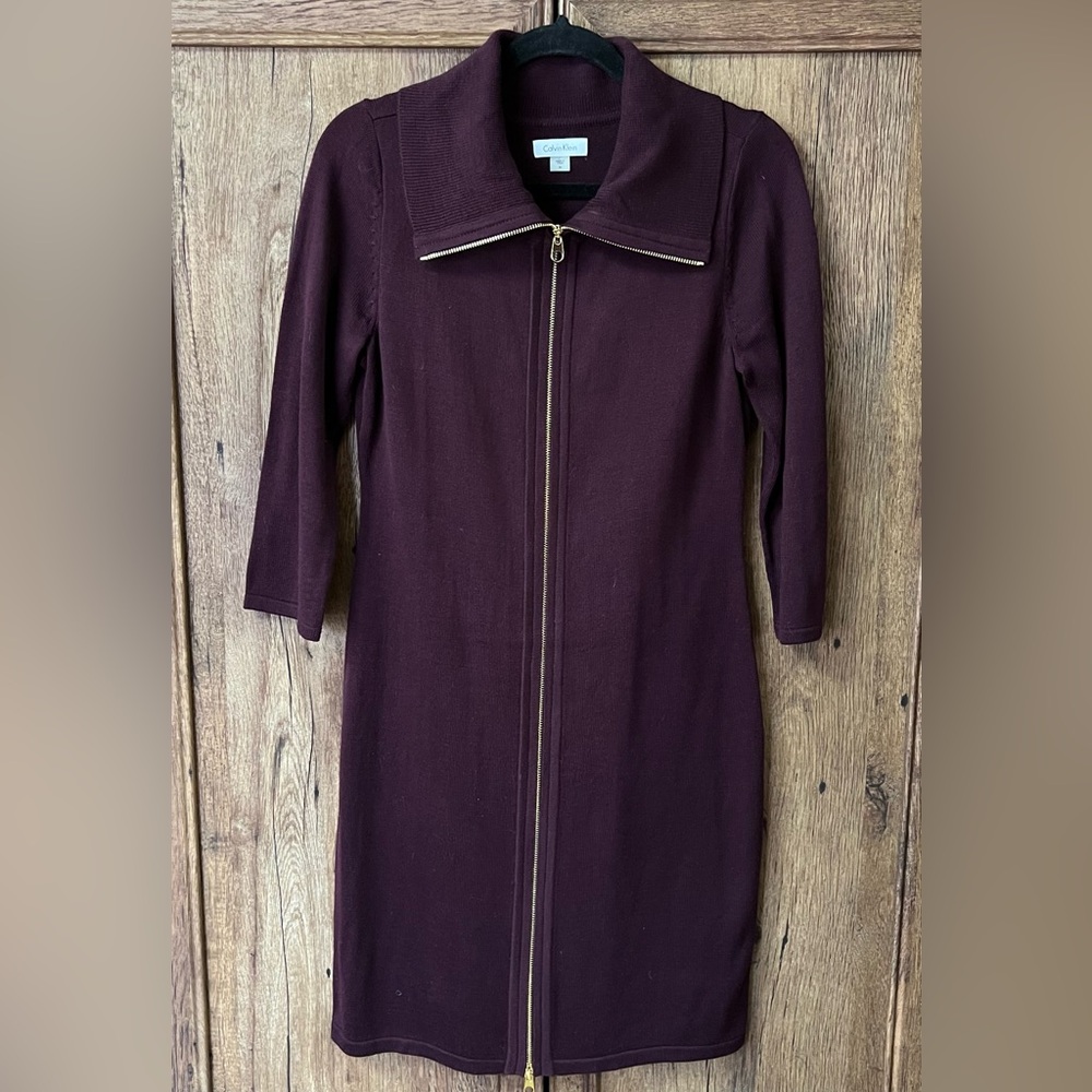 Calvin Klein Sweater Dress Medium Zip Up Purple  Cardigan Women’s Collar Neck